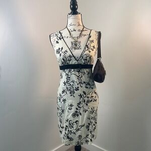 Vintage‎ Chico's S Black Floral Sleeveless Dress V-Neck Fitted Party Cocktail